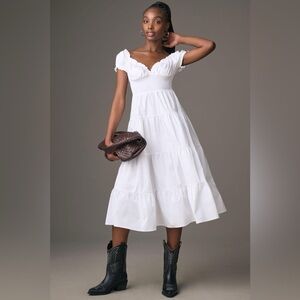 O.P.T Puff Sleeve Smocked Midi Dress in Classic White